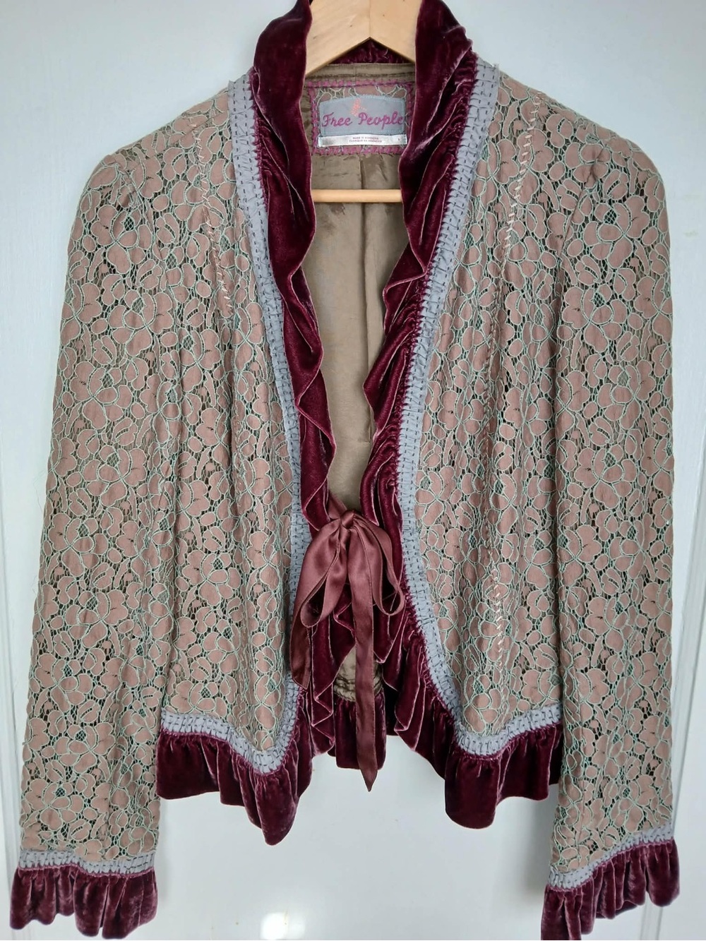 Unique Free People Taupe Lace Jacket with Burgundy Velvet Trim - Size 8